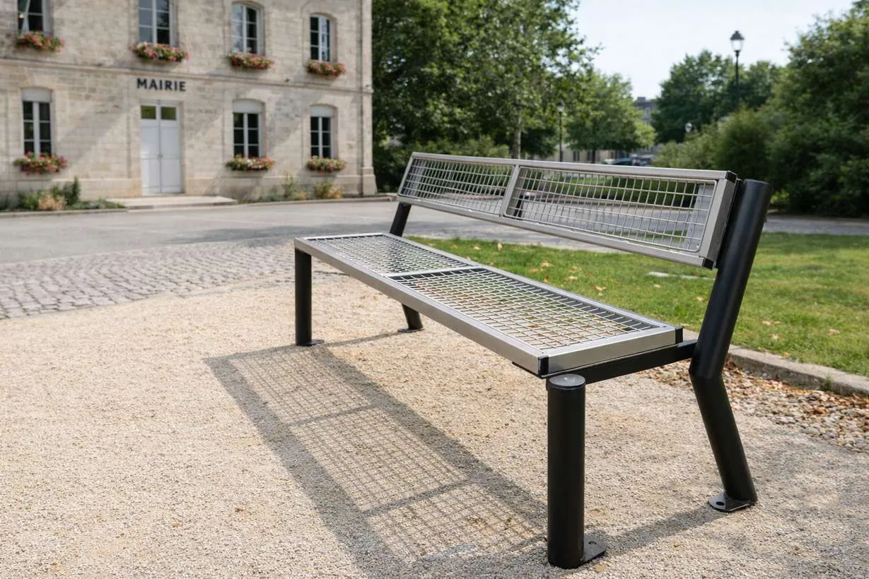Banc urbain acier avec assise et dossier en treillis métallique — G.L.A Solid