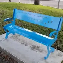 Banc public en acier thermolaqué bleu avec accoudoirs, dossier personnalisé d’un nom et d’oiseaux découpés au laser, posé sur une dalle