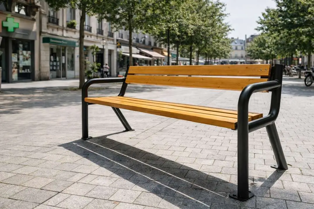 Banc public en bois et acier installé sur une place urbaine